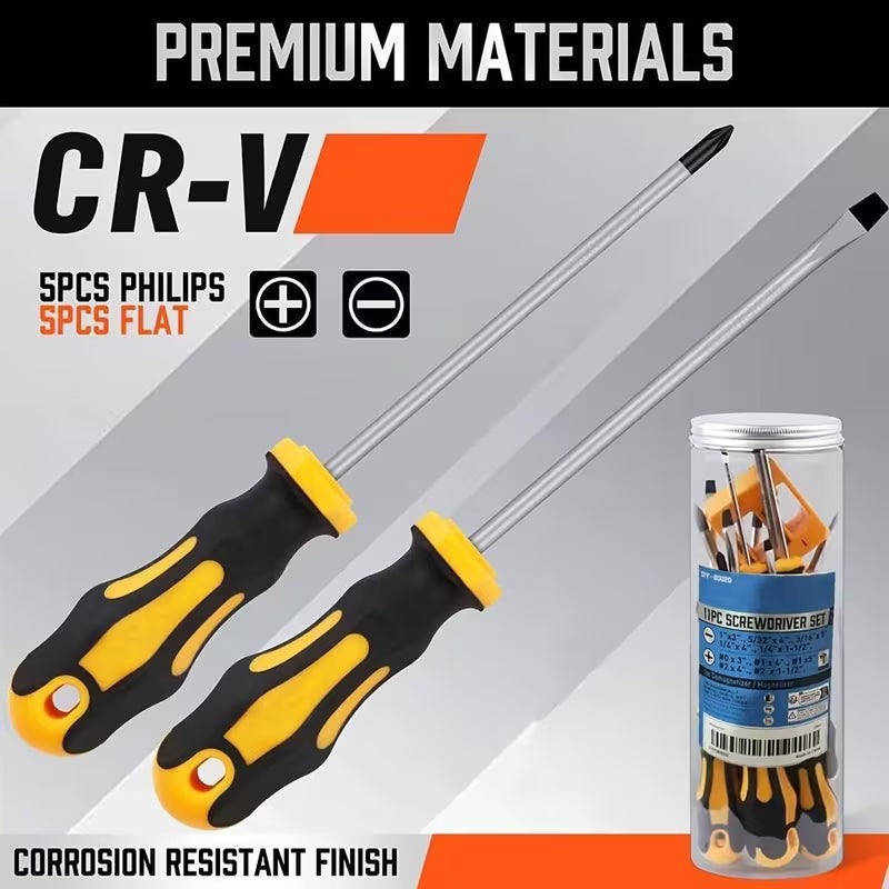 11pcs Magnetic Screwdriver Set with Phillips & Slotted Tips - Heavy-Duty Metal Phillips (PH0-PH2) & Slotted (H1-H4) Bits