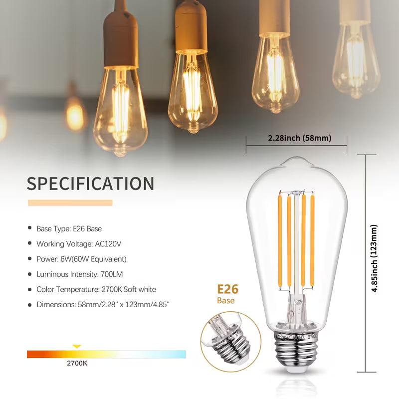 ST58 Vintage LED Edison Light Bulb, 6W Equivalent 60W LED Filament Bulb 700 Lumens, 2700K Warm White, Dimmable