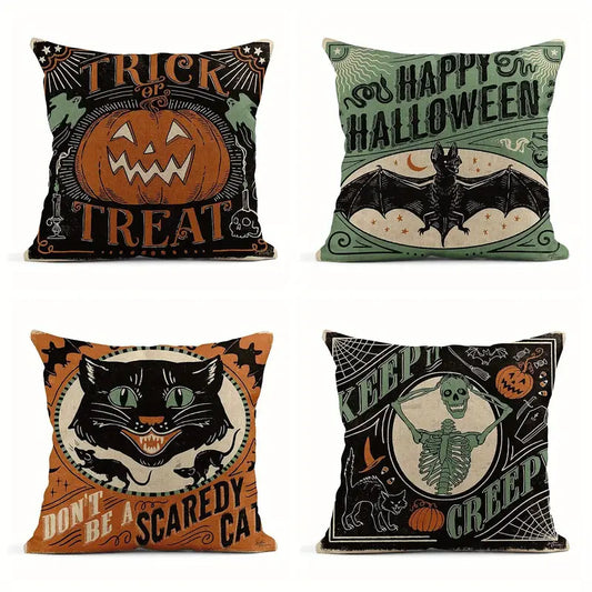 4 Pack Linen Blend Throw Pillow Covers 18x18 Inch Vintage Halloween Scaredy Cats Pumpkins Skeletons Home Decor Pillowcase Square Cushion Covers For Sofa Bed Couch