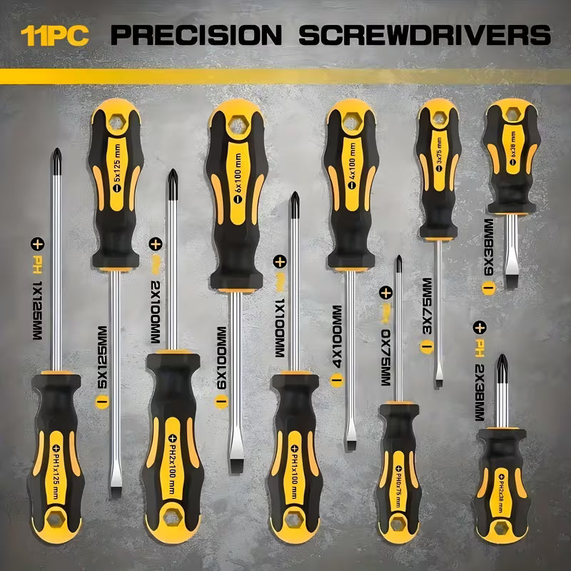 11pcs Magnetic Screwdriver Set with Phillips & Slotted Tips - Heavy-Duty Metal Phillips (PH0-PH2) & Slotted (H1-H4) Bits