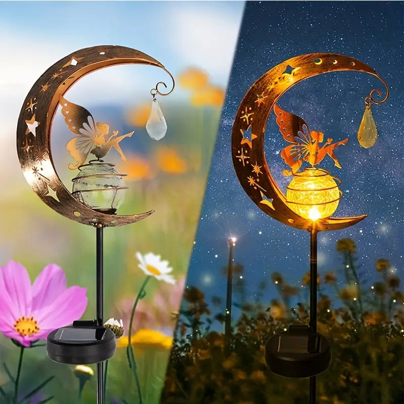 1pc Fairy Solar Stake Lights Moon Backyard Decor Yard Art Decorations Outdoor, Angel Garden Gifts Decor For Outside Lawn Ornaments Crackle Glass Globe Patio Landscape Pathway