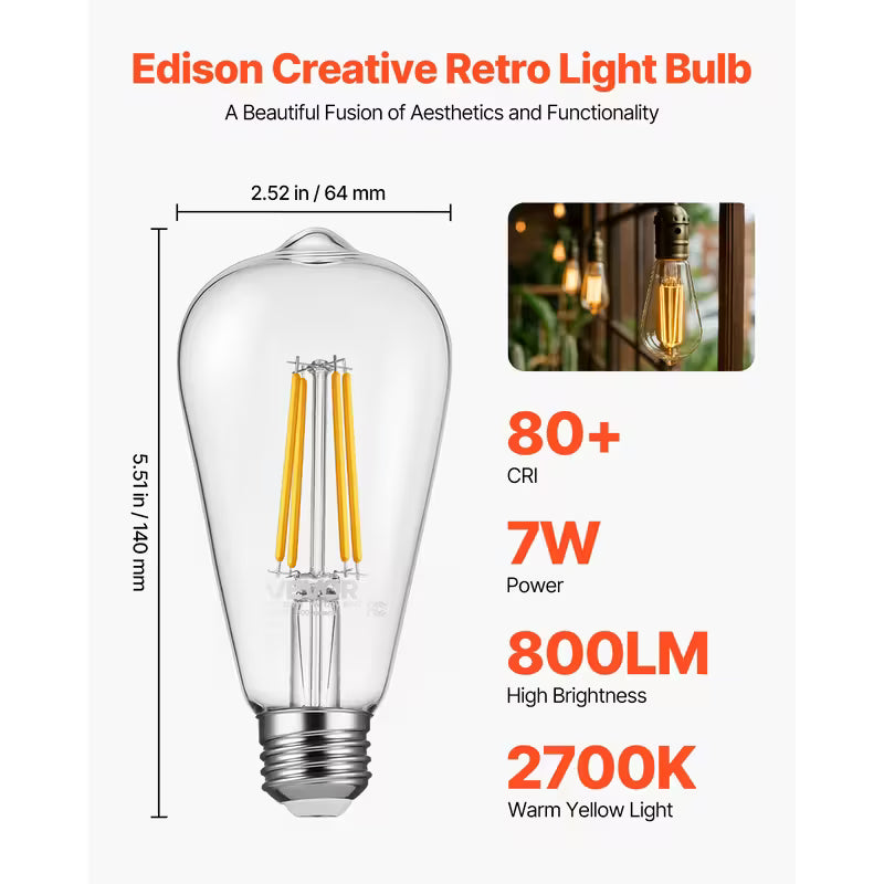 Edison Bulbs LED ST19 7W Dimmable 800 Lumens 2700K E26 Dimmable LED Bulbs