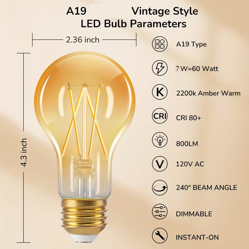 LED Edison Bulbs, A19 Style E26 Dimmable Light Bulb, 800LM 4000K Warm Amber Cool White Light