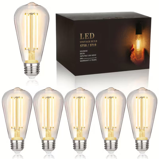 ST58 Vintage LED Edison Light Bulb, 6W Equivalent 60W LED Filament Bulb 700 Lumens, 2700K Warm White, Dimmable