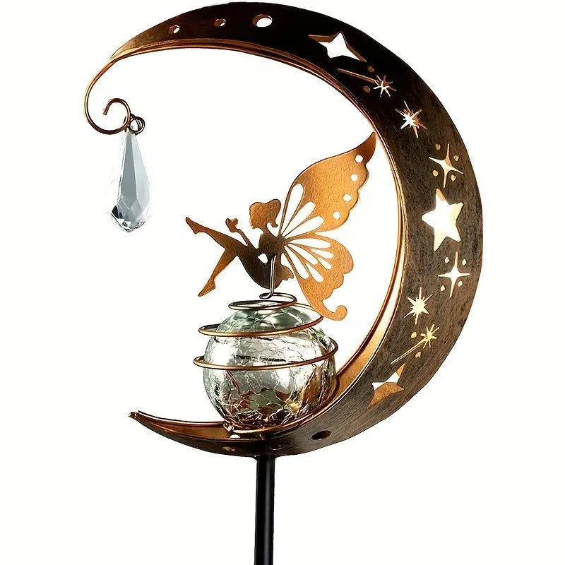 1pc Fairy Solar Stake Lights Moon Backyard Decor Yard Art Decorations Outdoor, Angel Garden Gifts Decor For Outside Lawn Ornaments Crackle Glass Globe Patio Landscape Pathway