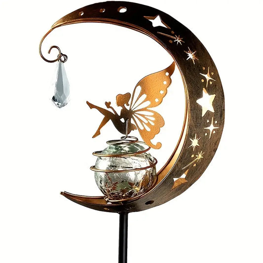 1pc Fairy Solar Stake Lights Moon Backyard Decor Yard Art Decorations Outdoor, Angel Garden Gifts Decor For Outside Lawn Ornaments Crackle Glass Globe Patio Landscape Pathway