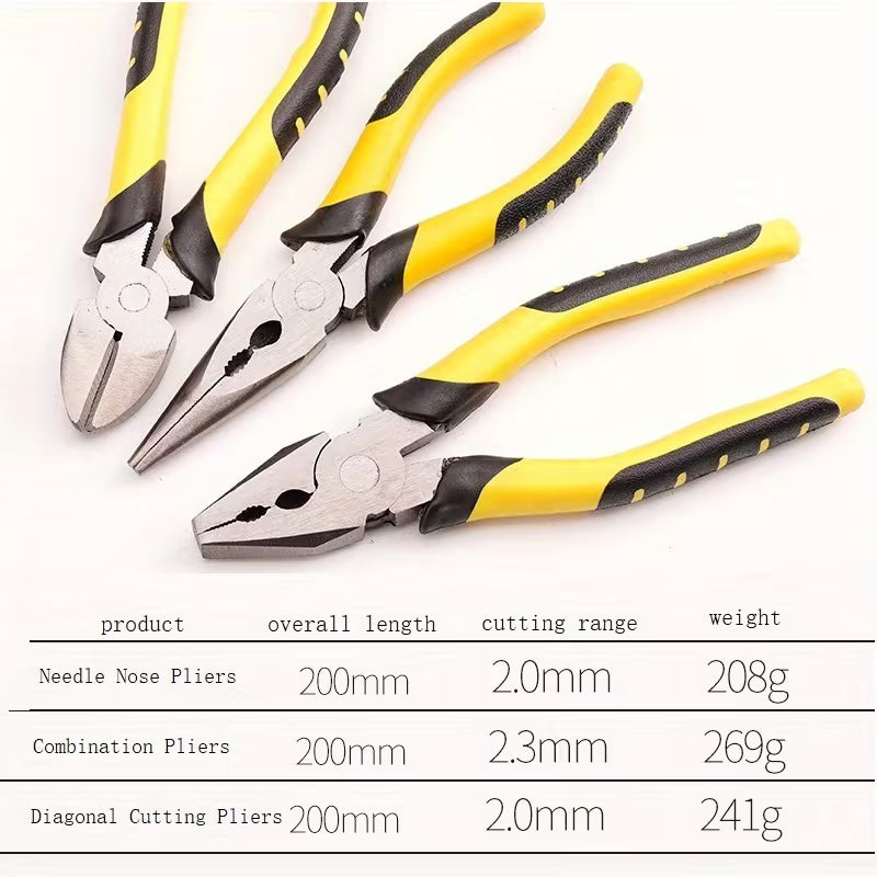 3pcs 8-inch Combination Pliers Set, Strong Multi-functional Electrical Pliers, wire cutter, Diagonal Cutting Pliers, Needle nosed Pliers