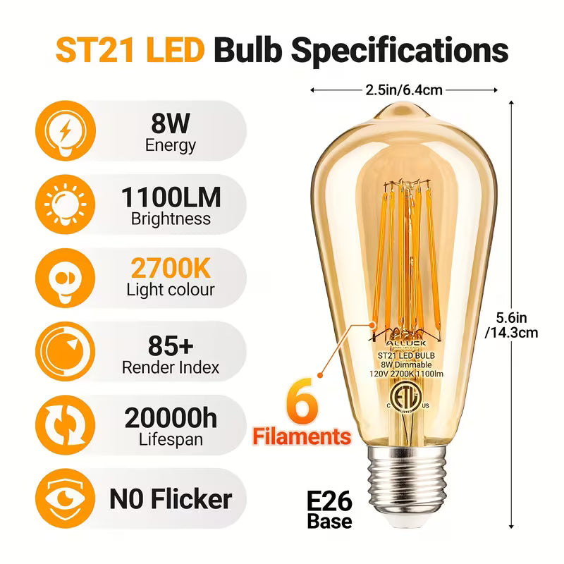 ST21 Vintage AMBER LED Edison Bulbs 8W 1100LM 100W Equivalent Dimmable