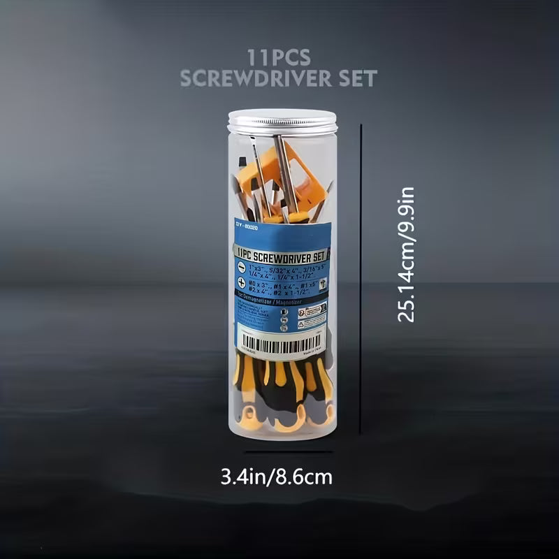 11pcs Magnetic Screwdriver Set with Phillips & Slotted Tips - Heavy-Duty Metal Phillips (PH0-PH2) & Slotted (H1-H4) Bits