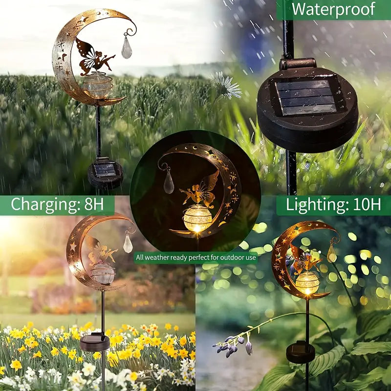 1pc Fairy Solar Stake Lights Moon Backyard Decor Yard Art Decorations Outdoor, Angel Garden Gifts Decor For Outside Lawn Ornaments Crackle Glass Globe Patio Landscape Pathway