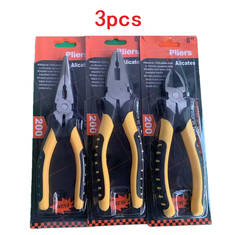 3pcs 8-inch Combination Pliers Set, Strong Multi-functional Electrical Pliers, wire cutter, Diagonal Cutting Pliers, Needle nosed Pliers