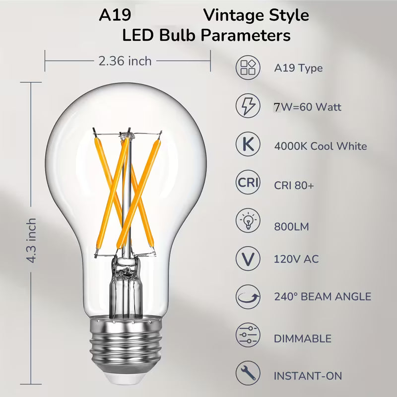 LED Edison Bulbs, A19 Style E26 Dimmable Light Bulb, 800LM 4000K Warm Amber Cool White Light