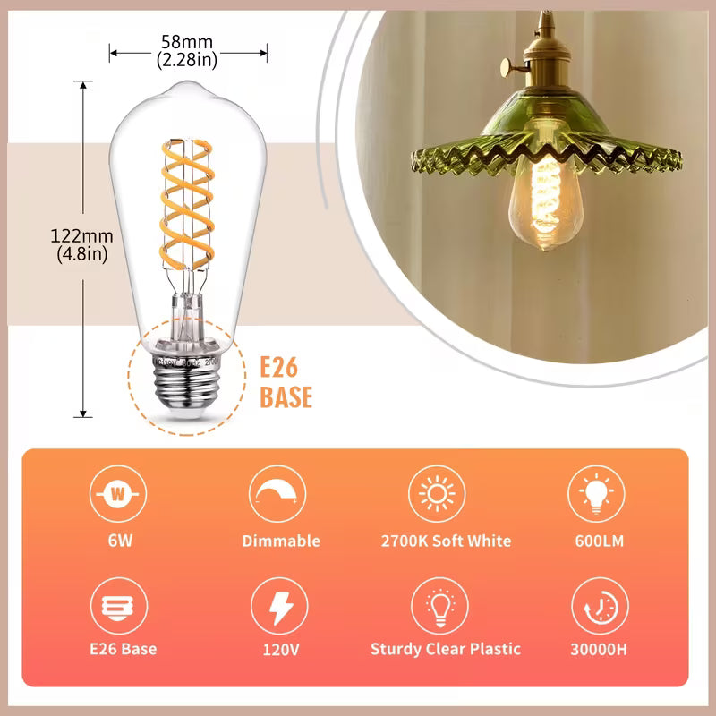 ST58 Vintage LED Edison Light Bulb, 6W Equivalent 60W LED Filament