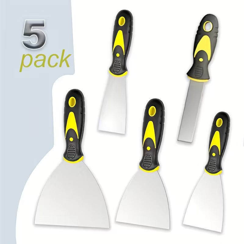 5pcs Stainless Steel Putty Knife Set (1-5 Inch) with Ergonomic Non-Slip Grip & Sharp Blades - Heavy-Duty Rust-Resistant
