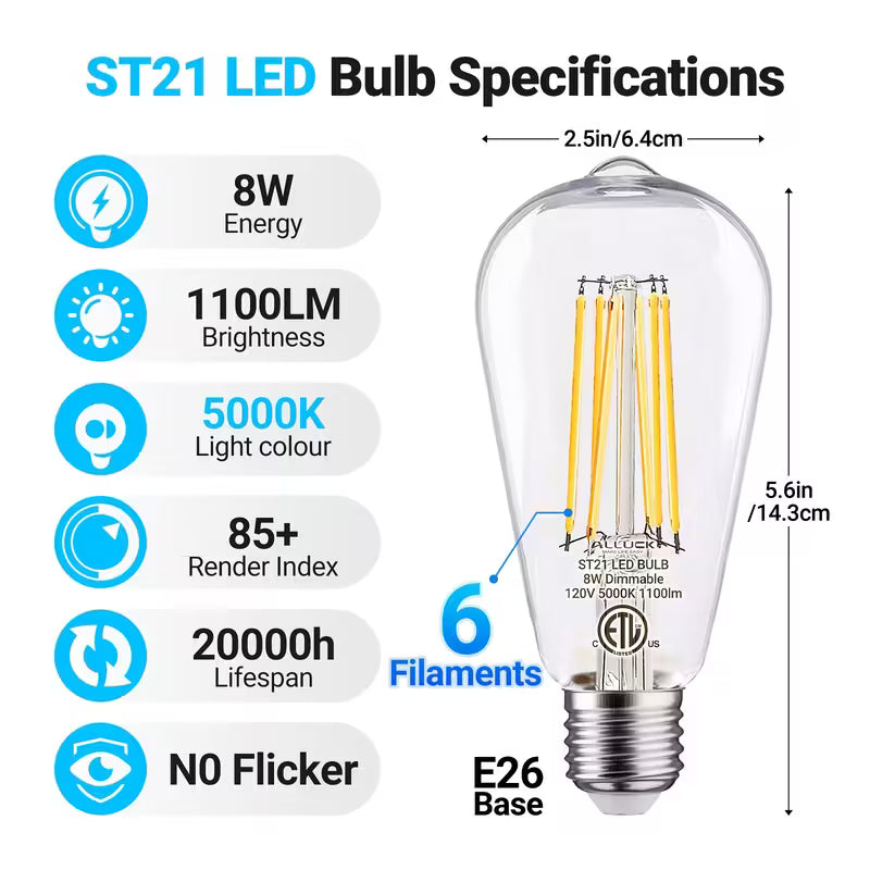 ST21 Vintage AMBER LED Edison Bulbs 8W 1100LM 100W Equivalent Dimmable