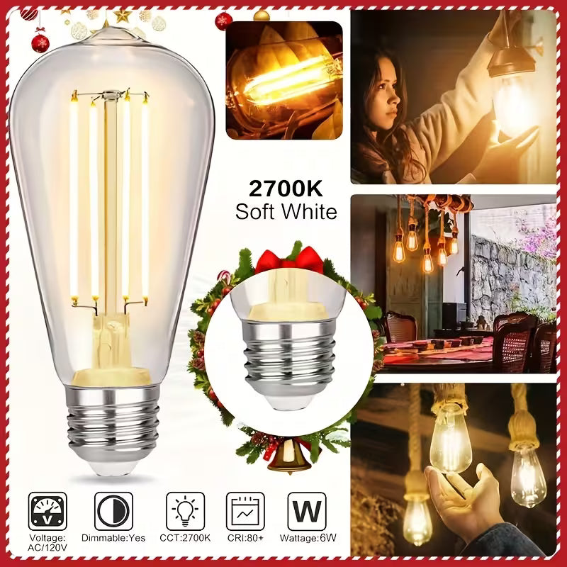 ST58 Vintage LED Edison Light Bulb, 6W Equivalent 60W LED Filament Bulb 700 Lumens, 2700K Warm White, Dimmable