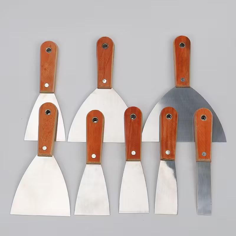 8pcs set of multiple size mirror putty knives - stainless steel scraper with wooden handle, used for painting, drywall, and tile cleaning