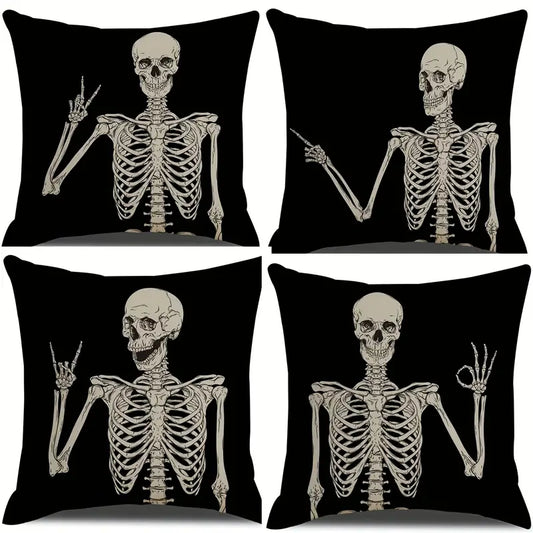 4pcs, Linen Blend Halloween Skeleton Pillow Cover, Vintage Halloween Skull Decoration Pillow Cover Cushion Cover, No Pillow Core, Home Decor, Room Decor, Living Room Decor