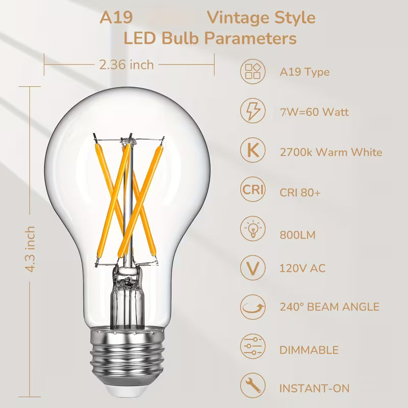 LED Edison Bulbs, A19 Style E26 Dimmable Light Bulb, 800LM 4000K Warm Amber Cool White Light